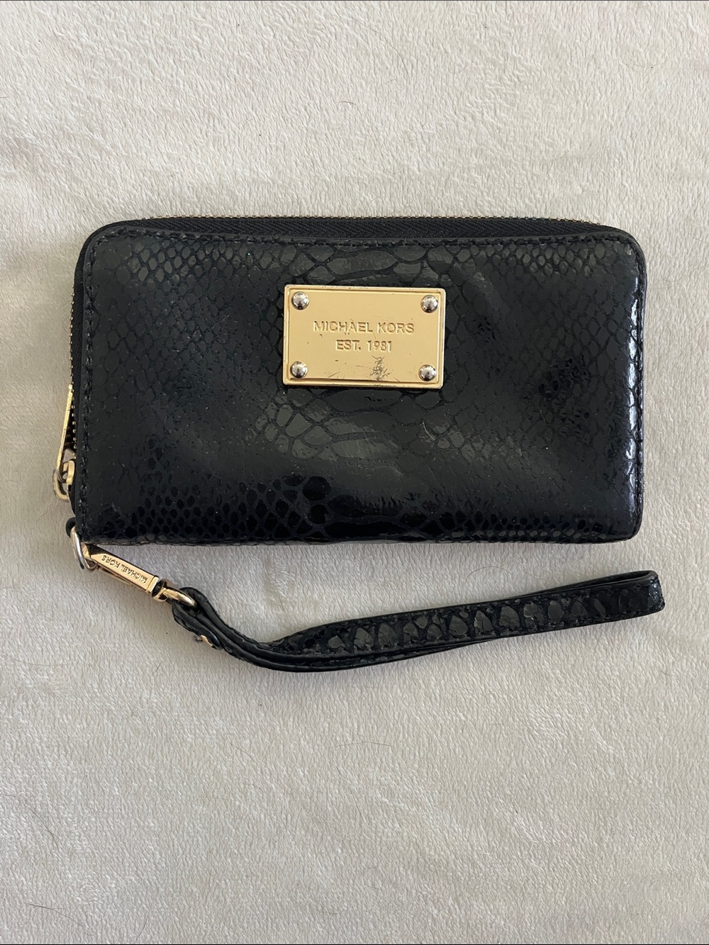 Michael Kors Black Snake-Embossed Leather Wristlet with Gold Plate